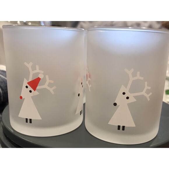 Set of 4 Frosted Glass Tea Light Holders by CRATE & BARREL Snow Deer w/Red Hats. - Picture 4 of 4